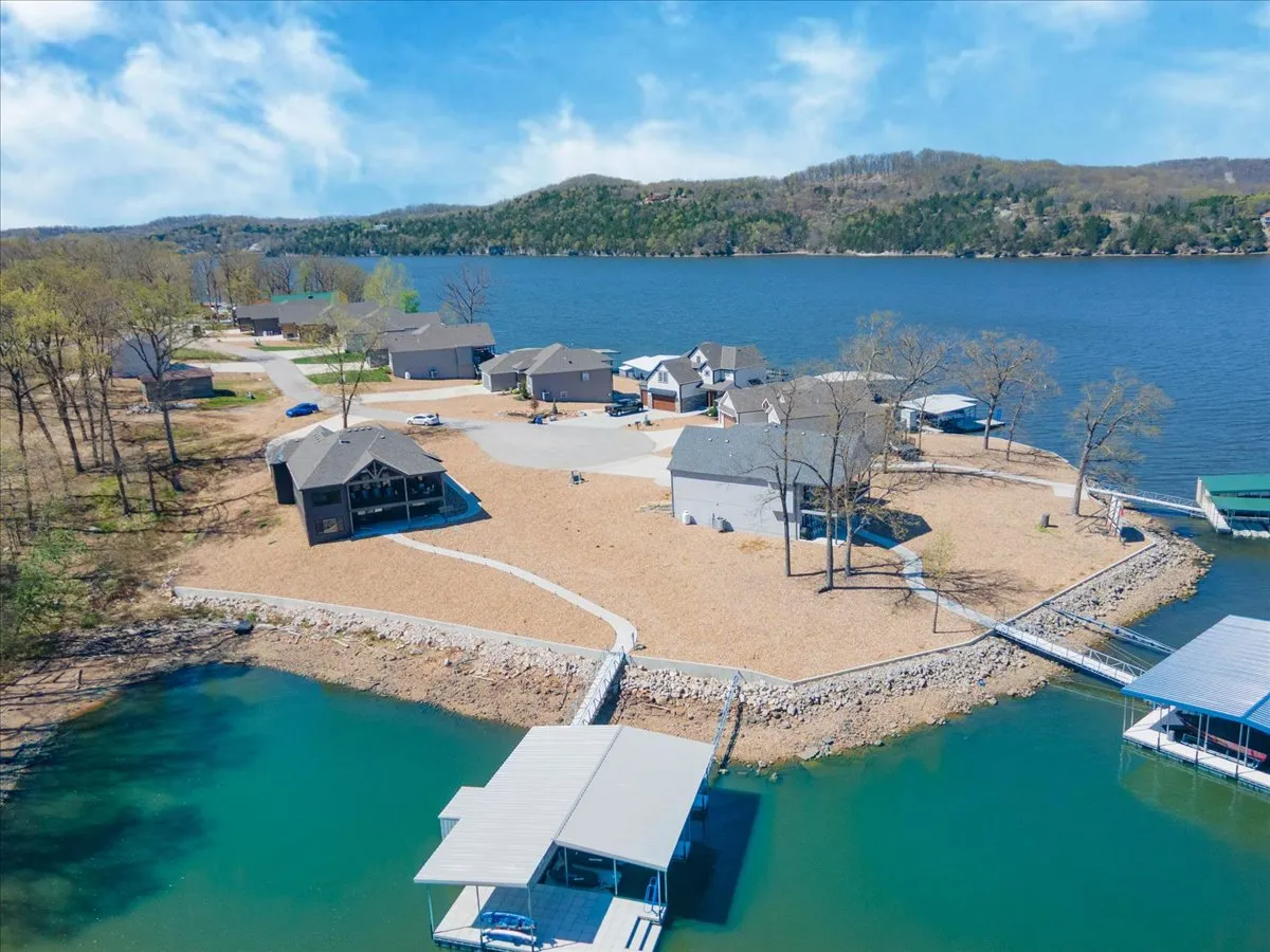 The photograph captures the lakeside environment with docks, calm water, and homes tucked among trees. People are seen boating, fishing, picnicking, and walking, all in a relaxed lakeside mood. The atmosphere invites both lively gatherings and quiet moments by the water.